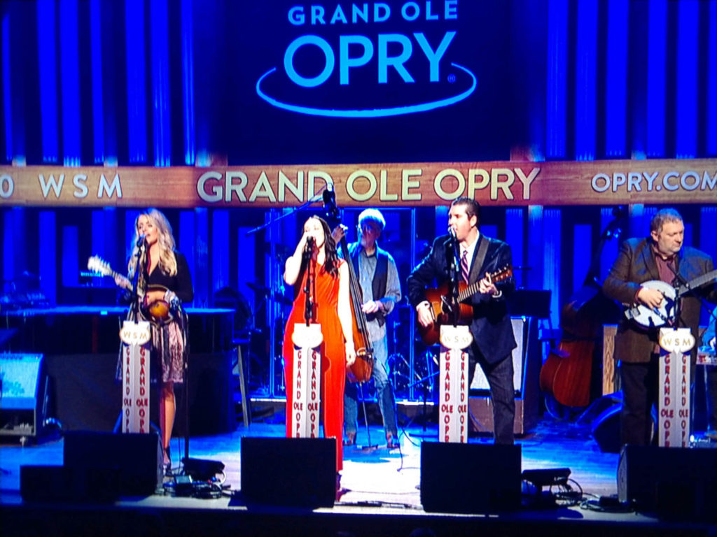 Kristen on stage with Darin and Brooke Aldridge at The Grand Ole Opry. Photo by Tony Stephens.