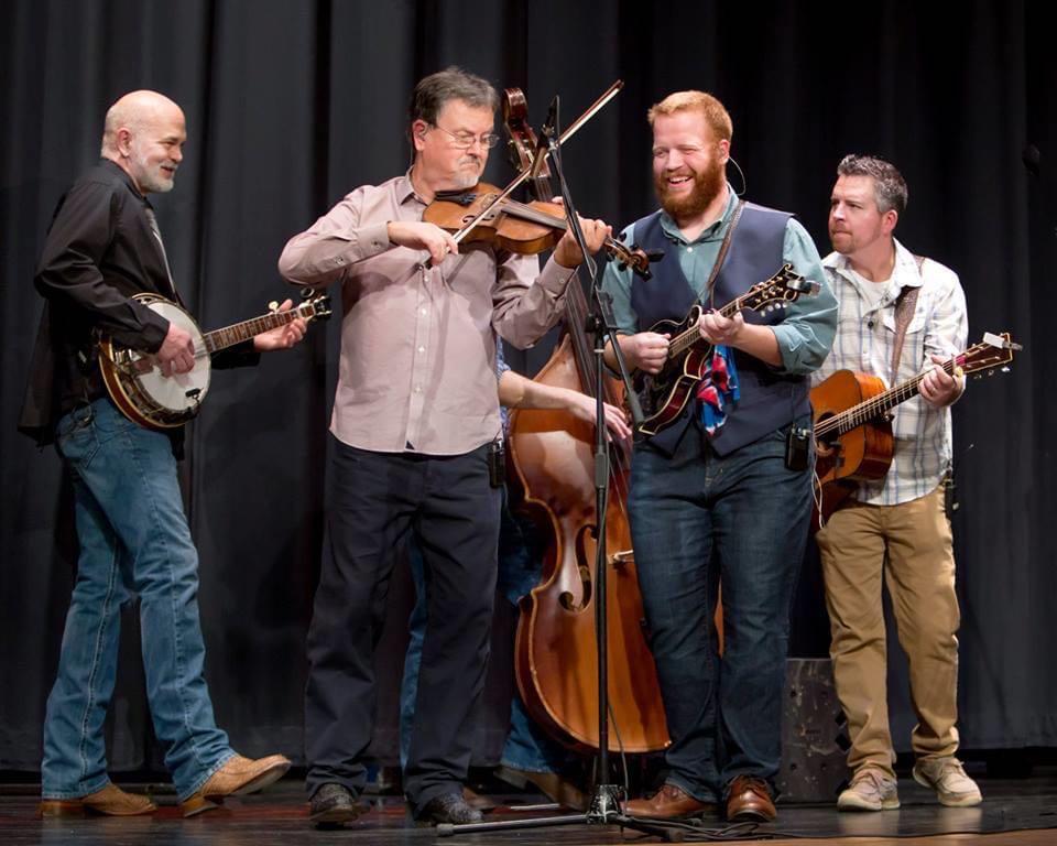 The Lonesome River Band - from left to right, Sammy Shelor, Mike Hartgrove, Barry Reed, Jesse, and Brandon Rickman. Photo by Chuck Neel